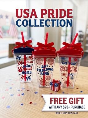 FREE W $25 PURCHASE - Patriotic USA Plastic Tumbler w Straw & Shoulder Strap